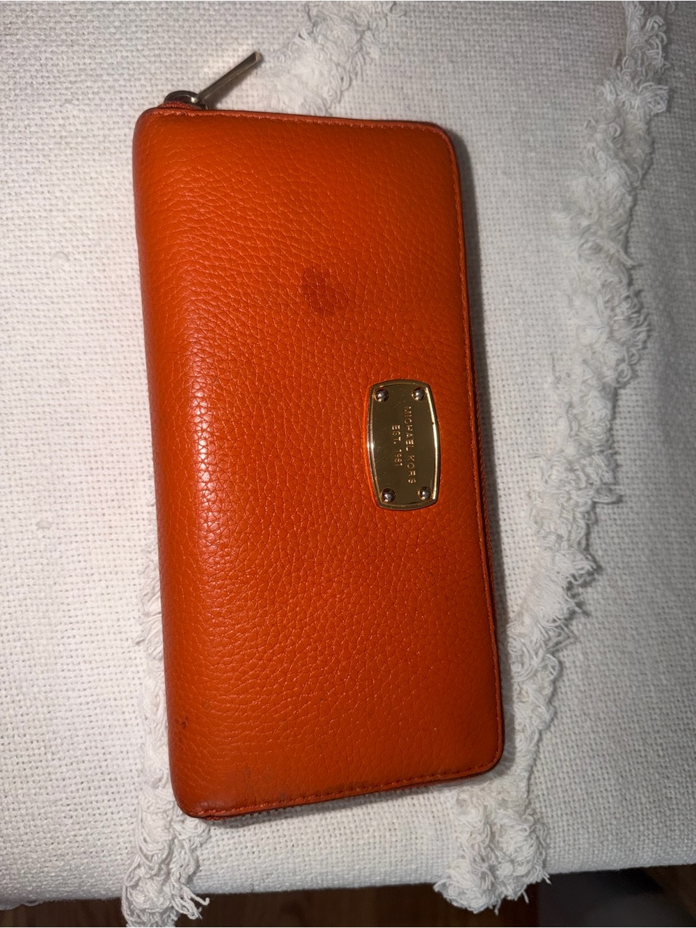 Michael Kors Orange Pebbled Leather Zip Wallet with Gold Plate